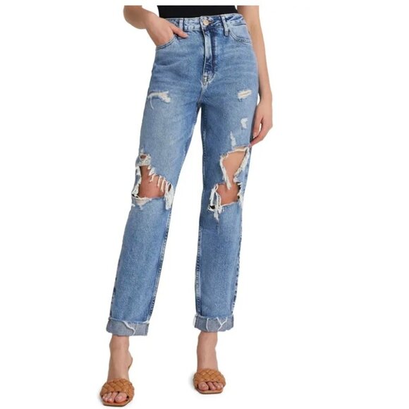 River Island Carrie Ripped High Waist Mom Jeans Medium Blue - Picture 1 of 4